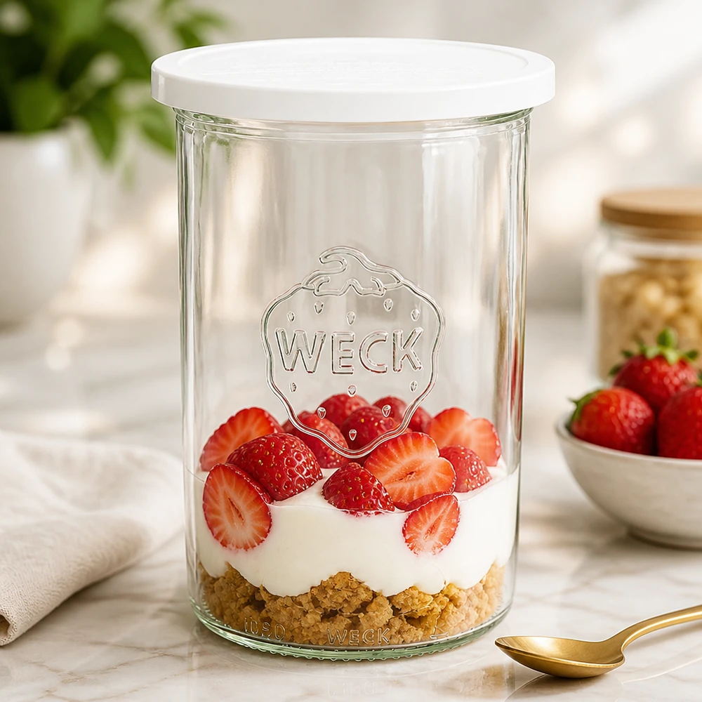 WECK 1000ml mason jar como tarro de postre lleno de fresas y nata muestra el uso versátil del tarro de conserva RR100