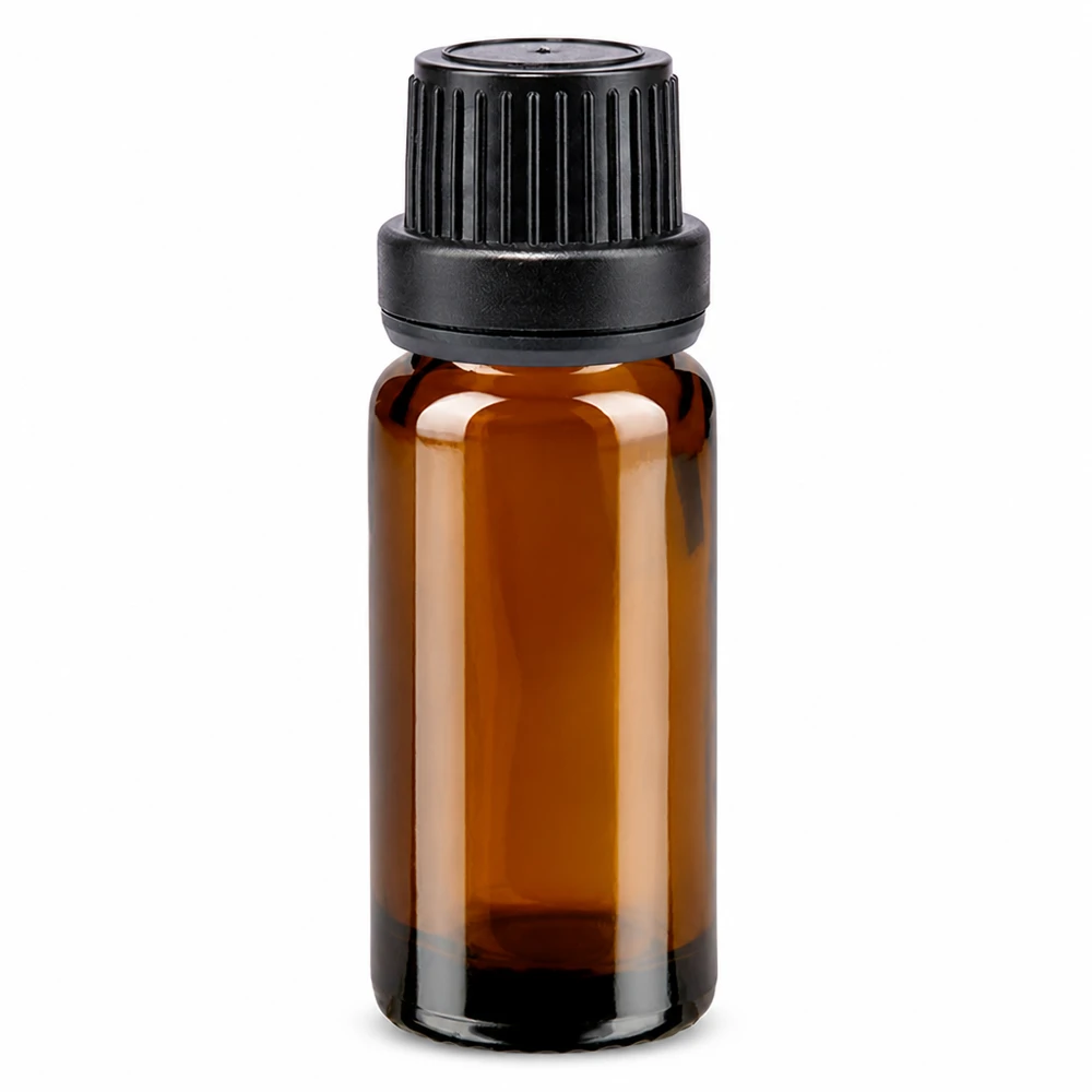 Frasco de farmacia de cristal marrón de 10 ml con tapón de seguridad negro y dosificador de gotas de 2 mm