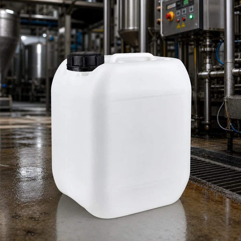 Bidón industrial transparente vacío de 5 litros con tapa negra en la nave de producción