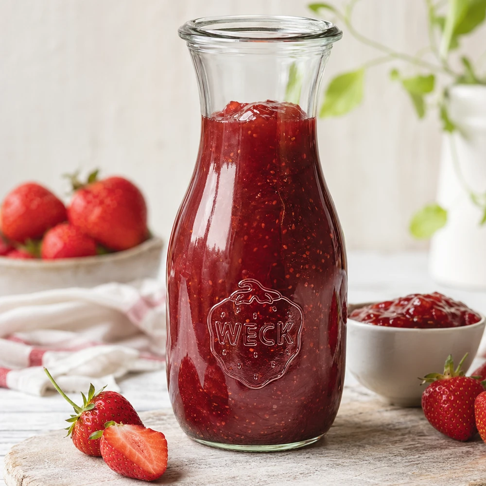 Botella de zumo WECK RR60 de 530 ml llena de mermelada de fresa junto a fresas troceadas y bol blanco