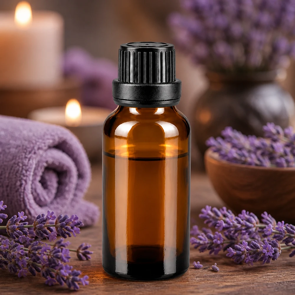Frasco cuentagotas marrón de 20 ml, de cristal de farmacia, con tapón de rosca negro, entre flores de lavanda