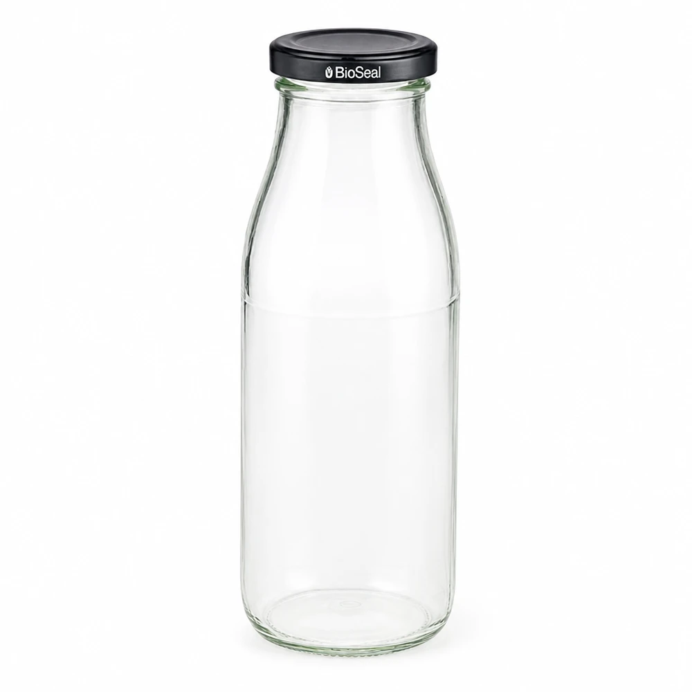 Botella de cristal de 500 ml con tapa BioSeal negra vacía y transparente para bebidas y almacenamiento