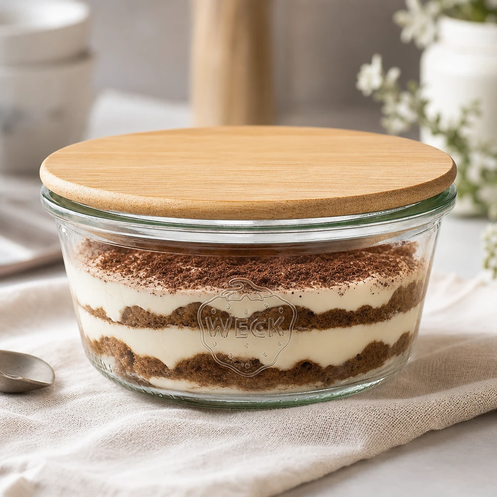 Tarro bajo de 290ml WECK RR100 con tapa de madera Vaso WECK 290ml RR100 relleno de tiramisú y tapa de madera de bambú, tarro de postre en un elegante ambiente de cocina