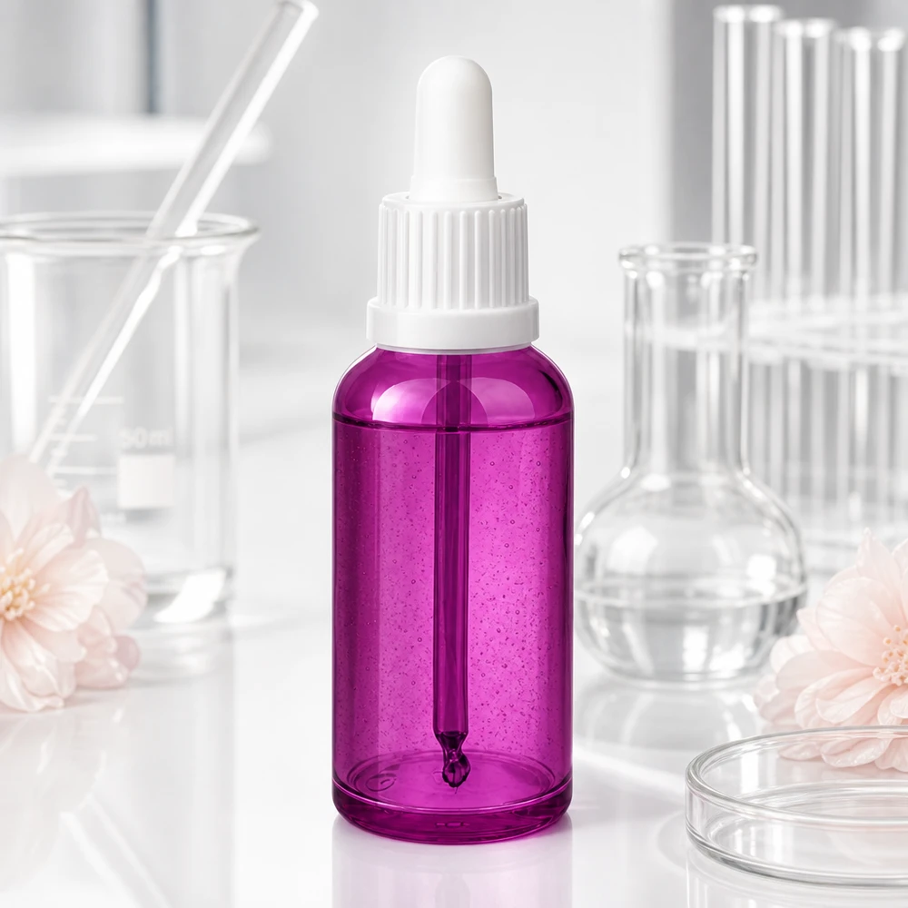 Frasco cuentagotas transparente de 50 ml de color morado con tapón de rosca blanco ergonómico