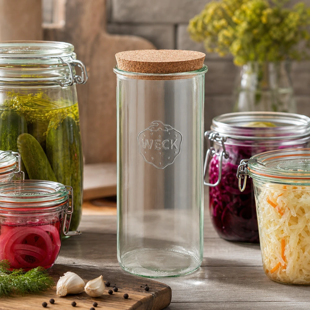 WECK Tarro 1500ml RR100 Escena de cocina con pepinillos encurtidos chucrut cebollas rojas Tapa de corcho Conservas