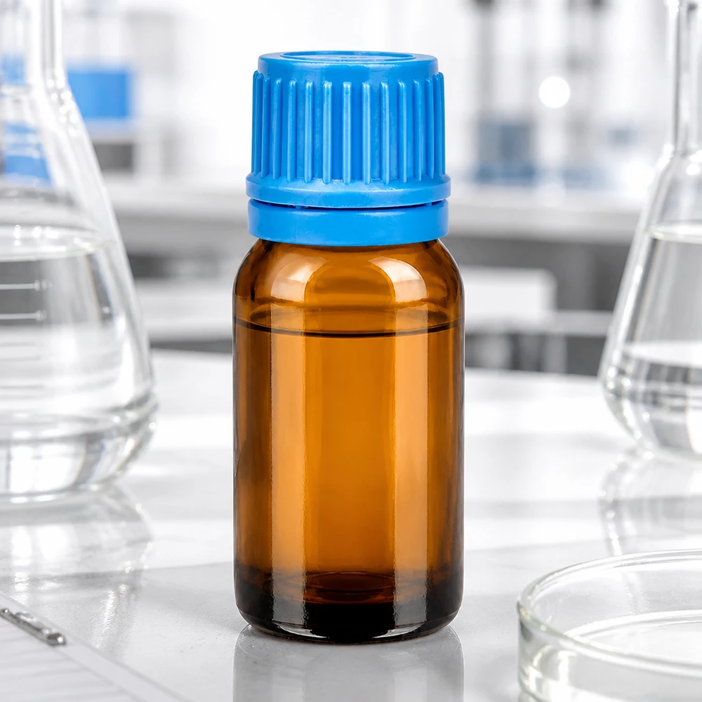 Frasco profesional BrownLine de 10 ml con tapón azul para laboratorios y aplicaciones farmacéuticas
