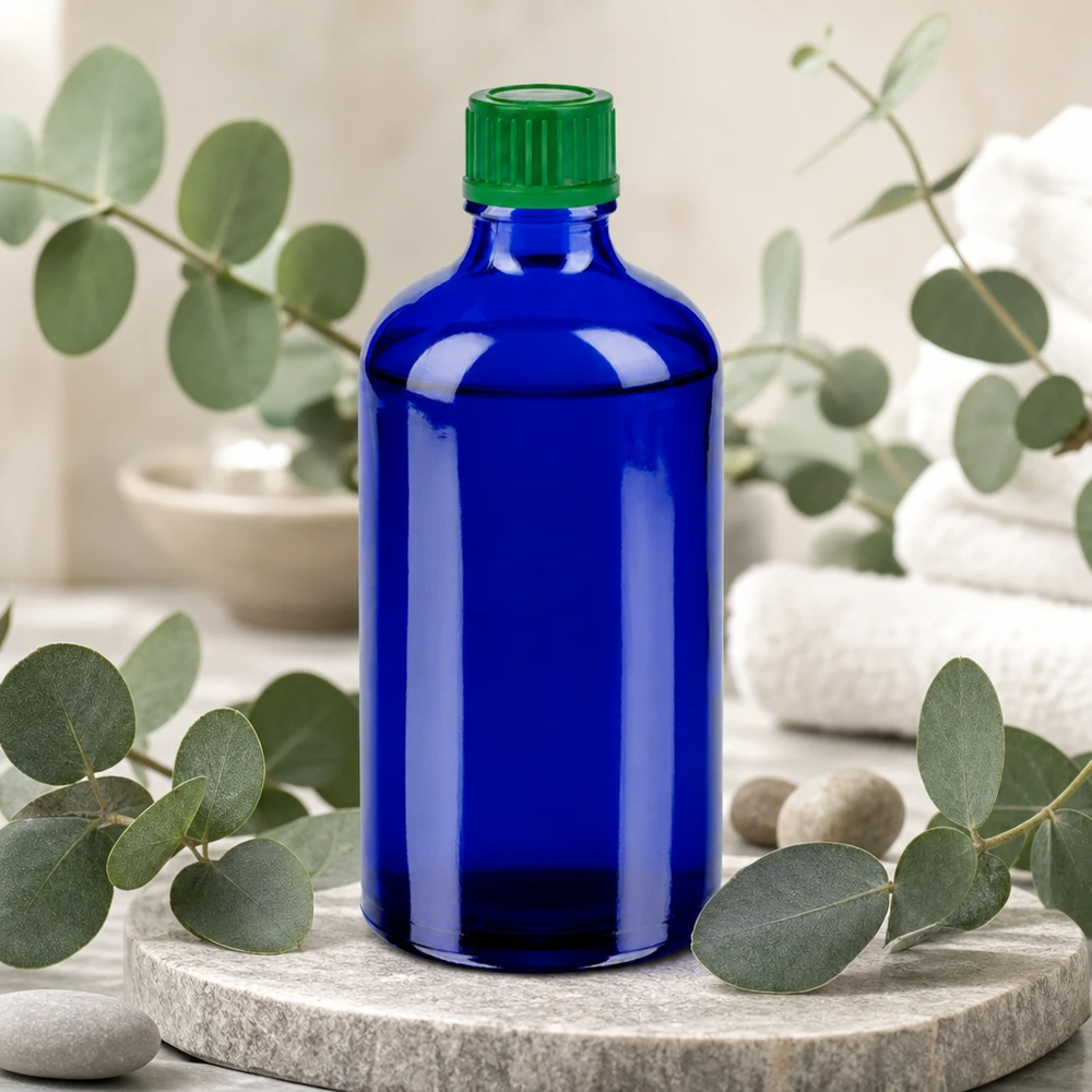 Frasco de farmacia de 100 ml en azul cobalto con tapón verde para aplicaciones profesionales