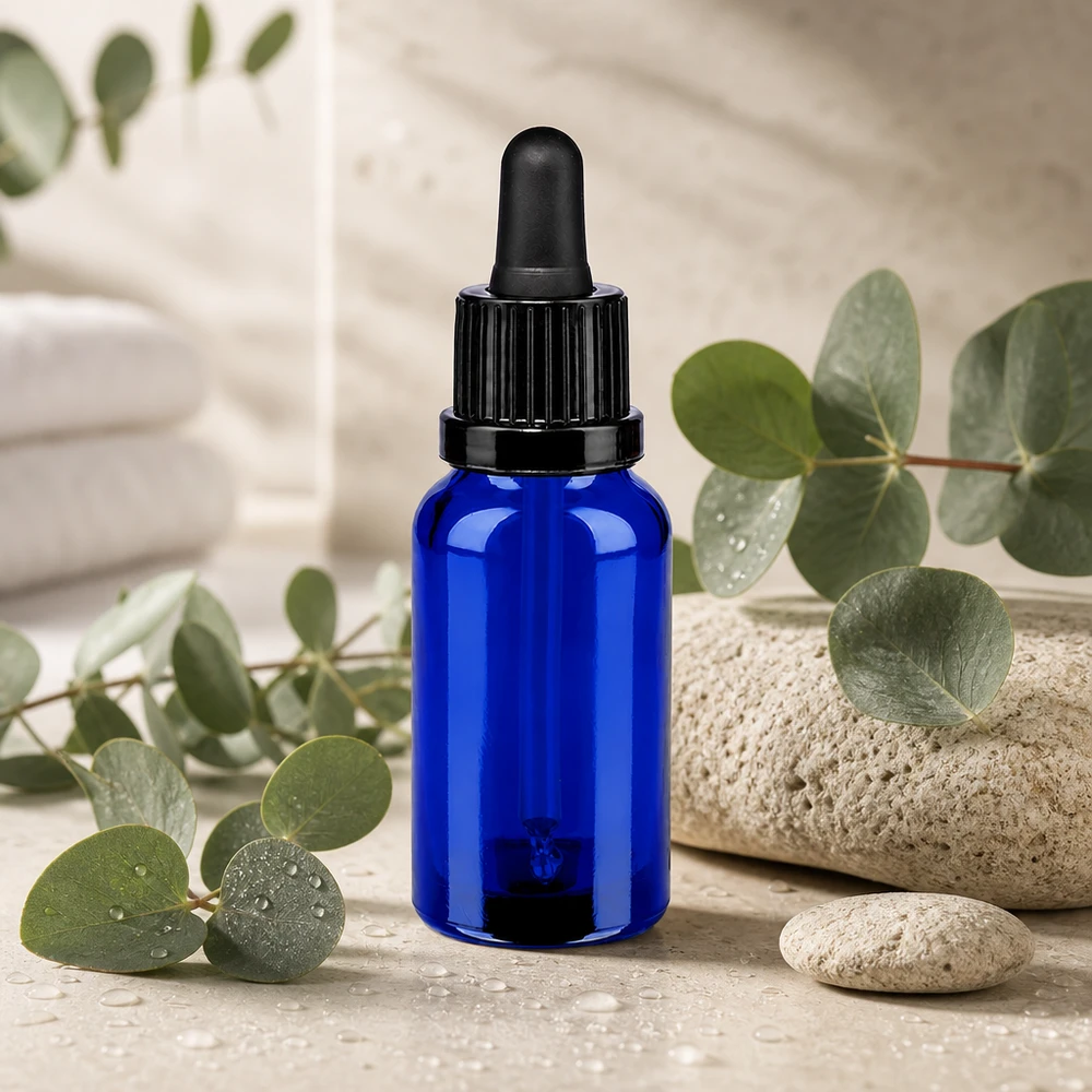 Frasco pipeta 20ml cierre inviolable negro BlueLine UT18/20 Pipeta negra OV con frasco de vidrio azul de 20 ml - ideal para aromaterapia y cosmética natural