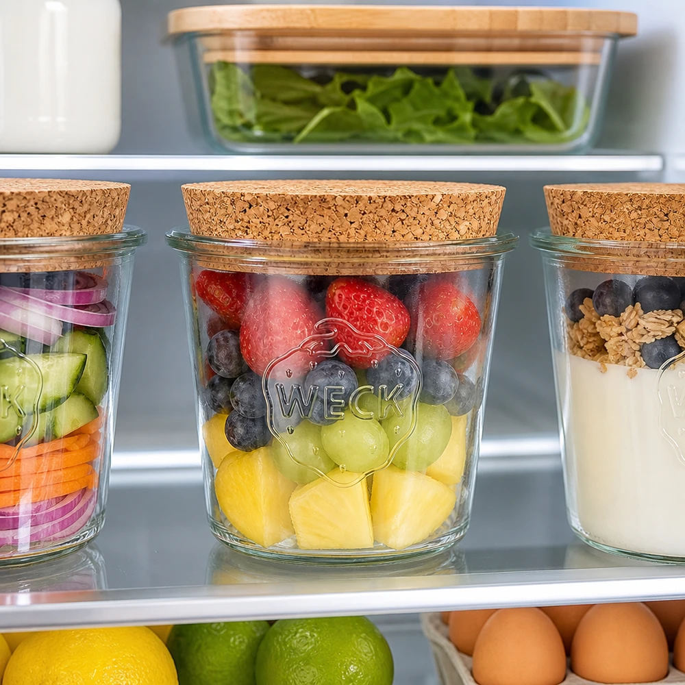 Vaso WECK RR100 de 580ml con corcho natural Tarro con tapa de corcho WECK 580ml RR100 en la nevera con bayas de fruta fresca y organización de preparación de comidas.