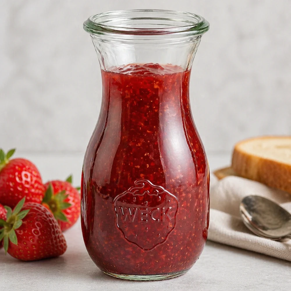 Botella de zumo WECK llena de 290 ml RR60 con mermelada de fresa roja y logotipo de la empresa visible en la superficie blanca