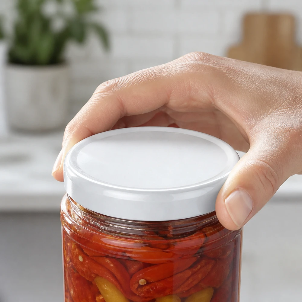 La tapa blanca TO58 BasicSeal cierra el tarro de conserva con pimientos rojos en escabeche