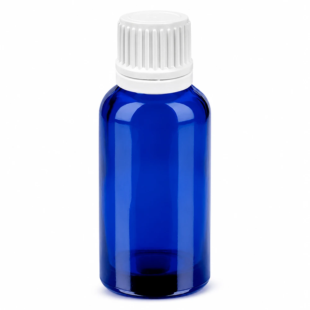 Frasco de vidrio azul de 30 ml con tapón cuentagotas blanco para una dosificación precisa