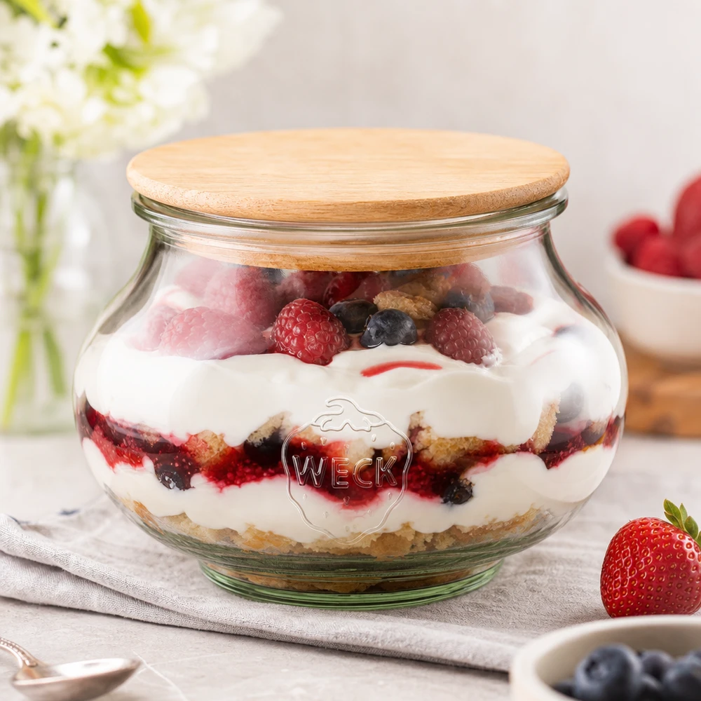 WECK tarro decorativo 560ml RR80 tapa de madera lleno de bayas postre en capas sobre superficie blanca decoración de cocina