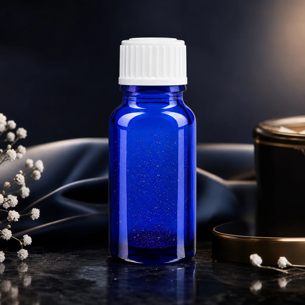 Botella de farmacia azul 10ml tapón de rosca blanco glóbulos estándar Botella Glo azul de 10 ml con abertura de 3 mm y tapón estándar ApoGlas blanco