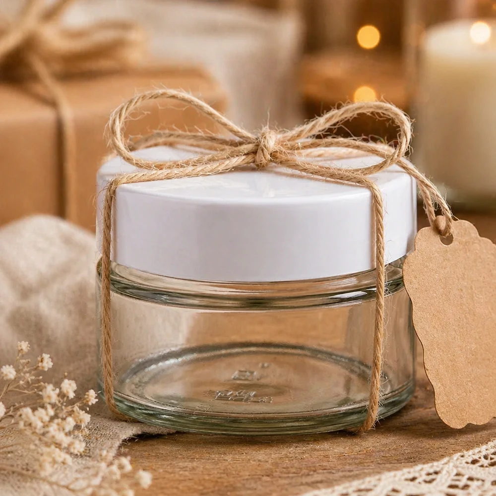 Tarro de cristal redondo blanco BasicSeal de 130 ml como envase de regalo con cordón de yute y etiqueta - Tarro de cristal de regalo DIY