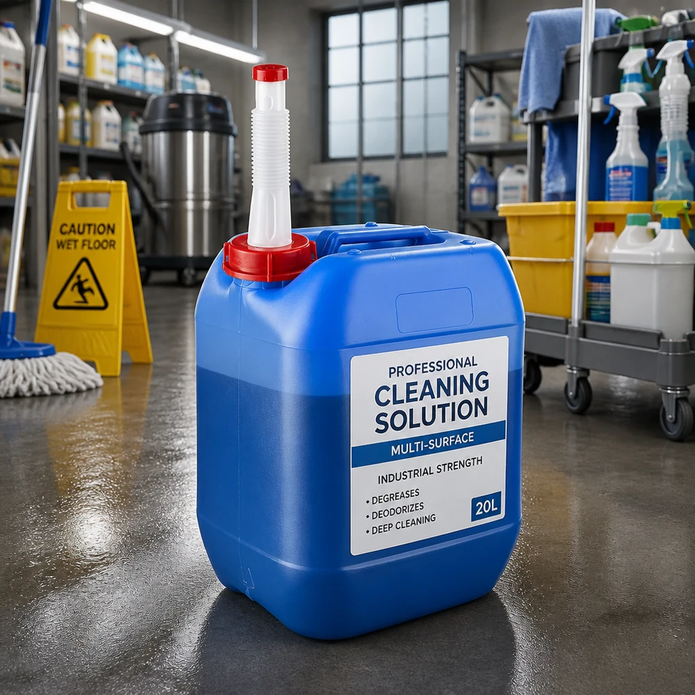 Bidón de limpieza azul de 10 litros con tubo de salida flexible en un entorno de limpieza profesional