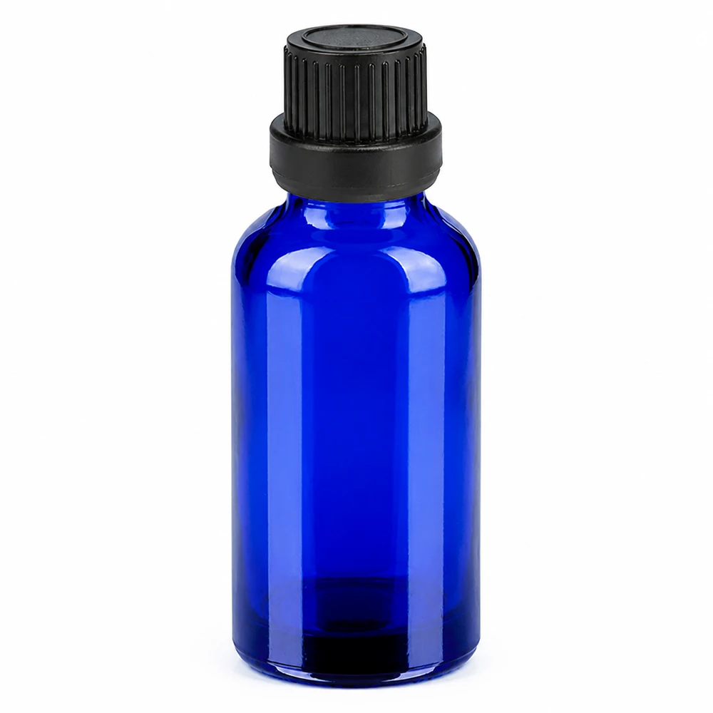 Frasco de vidrio azul de 30 ml con tapón negro para aceites esenciales y cosméticos