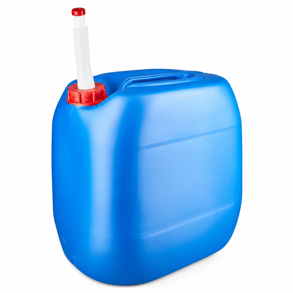 Bidón 30 litros azul con tubo de salida Flex Bidón azul de 30 litros con tapón de rosca rojo y tubo de salida flexible blanco