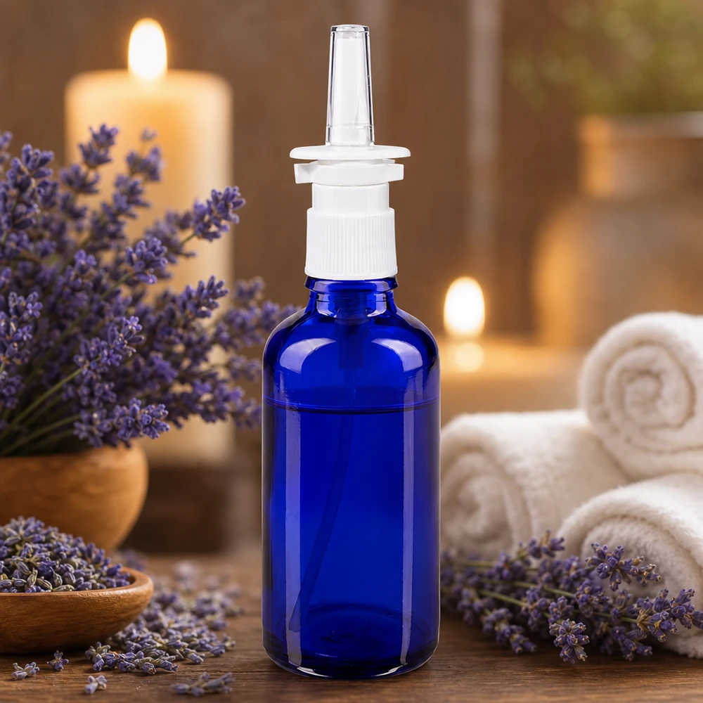 Frasco de cristal azul de 50 ml con boquilla pulverizadora, junto a flores de lavanda y velas que crean un ambiente de bienestar