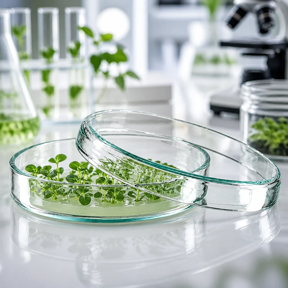 Placa de Petri de 80 x 15 mm de cristal con plántulas verdes en una solución nutritiva transparente en el laboratorio de botánica