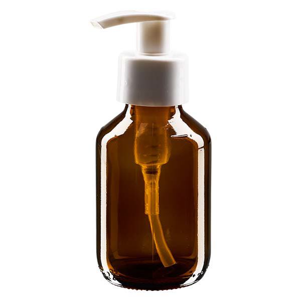 Frasco para medicamentos de 100ml marrón, con bomba dispensadora blanca ApoGlas Frasco para medicamentos de 100ml marrón, con bomba dispensadora blanca ApoGlas