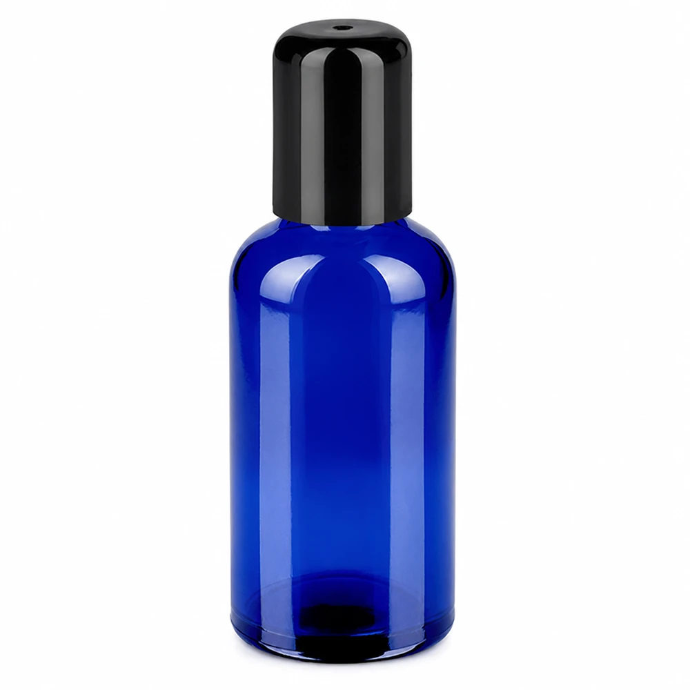 Frasco roll-on 50ml negro tapón estándar BlueLine UT18/50 Frasco roll-on 50ml negro STD BlueLine UT18/50 vidrio azul con tapón negro