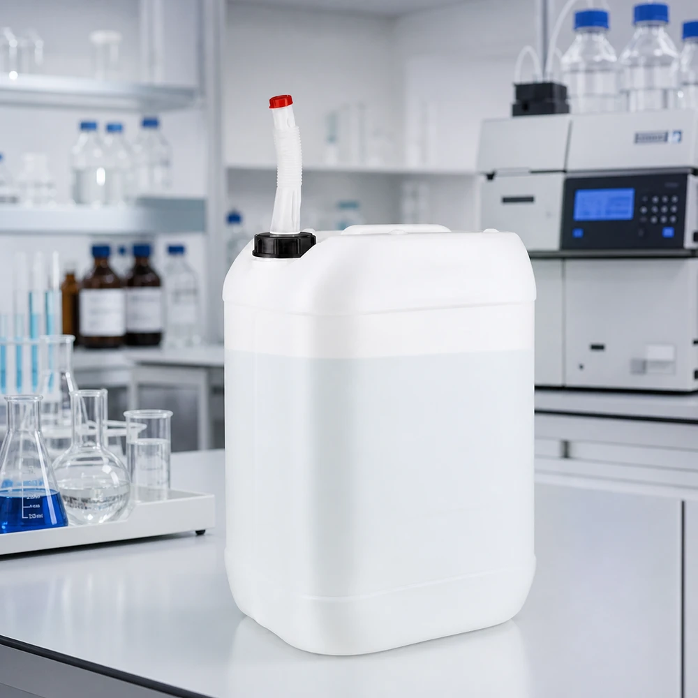 Bidón de 25 litros con tubo de salida flexible sobre una encimera de laboratorio blanca, junto a un matraz de Erlenmeyer