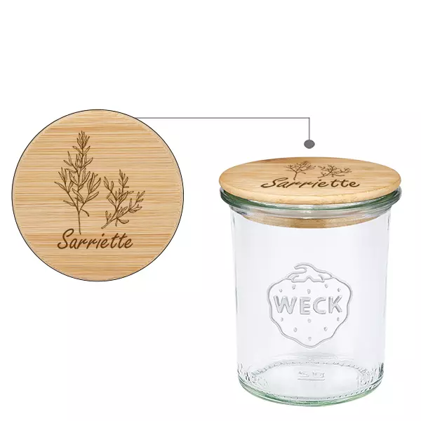 Couvercle en bois "sarriette" avec WECK verre plongeant 160m Couvercle en bois "sarriette" avec WECK verre plongeant 160m