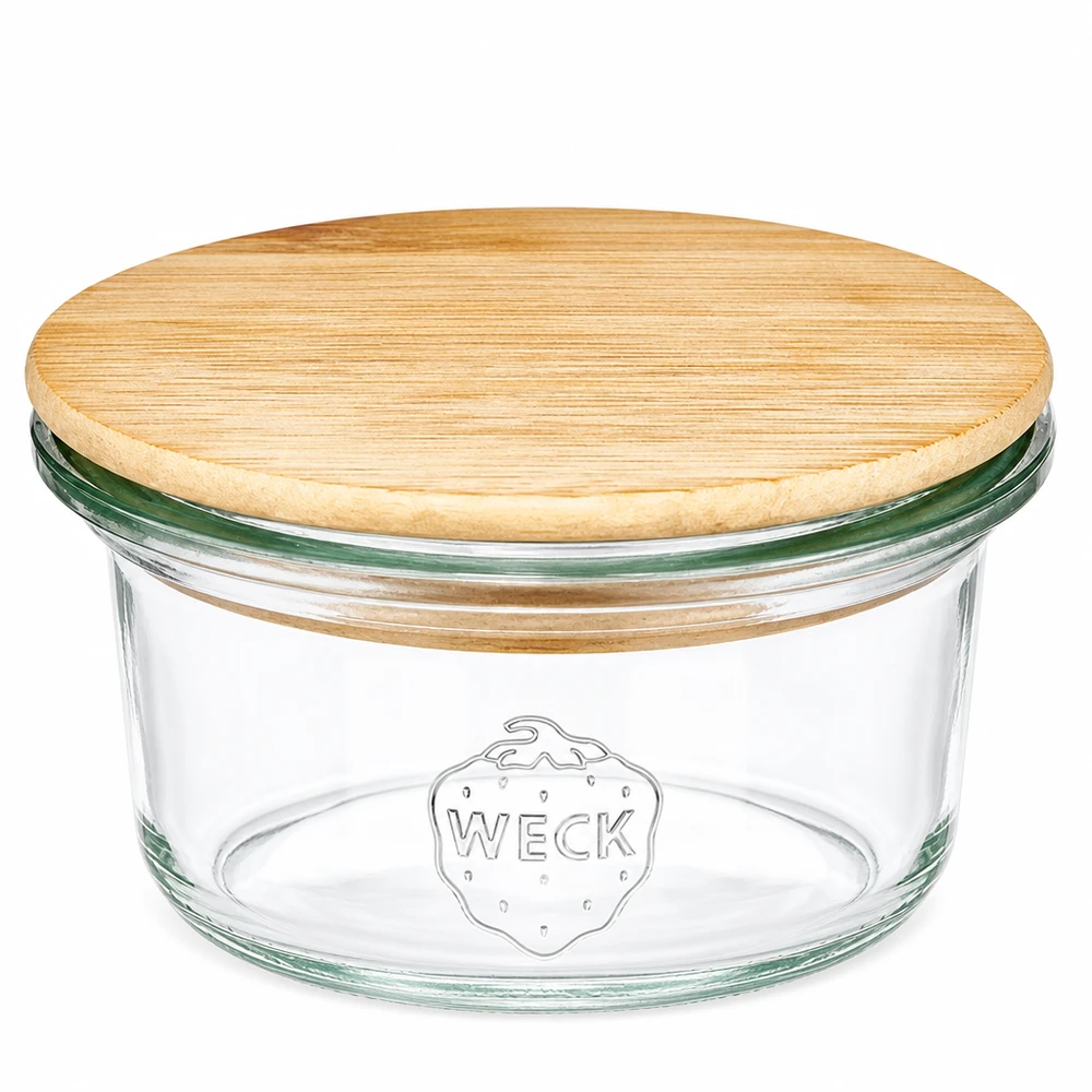 Tarro mini WECK RR60 de 50ml con tapa de madera Mini vasos de 50 ml WECK RR60 con tapa redonda de madera de bambú, tarro transparente con logotipo WECK