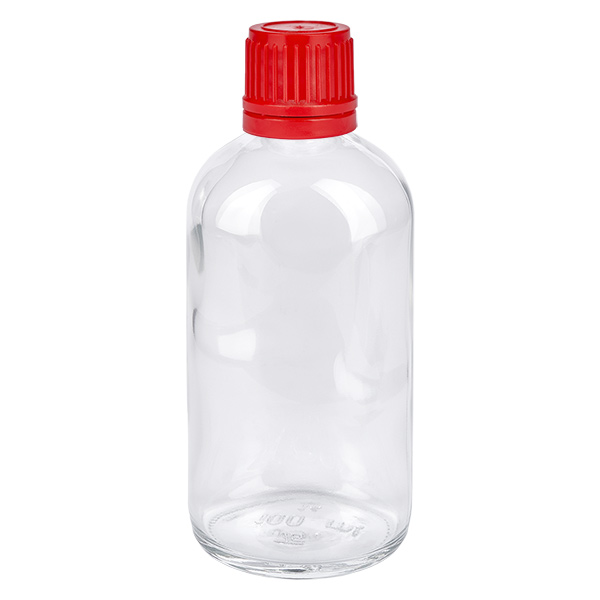 Botella 100ml 11mm tapón rosca rojo ClearLine UT18/100 Botella de cristal transparente de 100 ml con tapón de rosca rojo y precinto de seguridad ClearLine