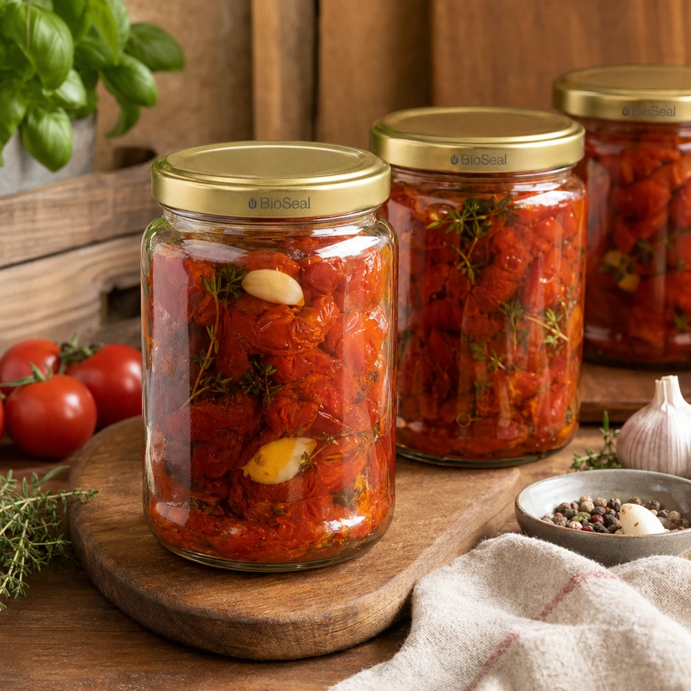 Tarro para miel de 1000 g con tapa dorada BioSeal UNiTWIST Stilvolles 1000g Honigglas mit Eingemachtem und Kräutern dekorativ arrangiert für mediterrane Küche und Vorratshaltung