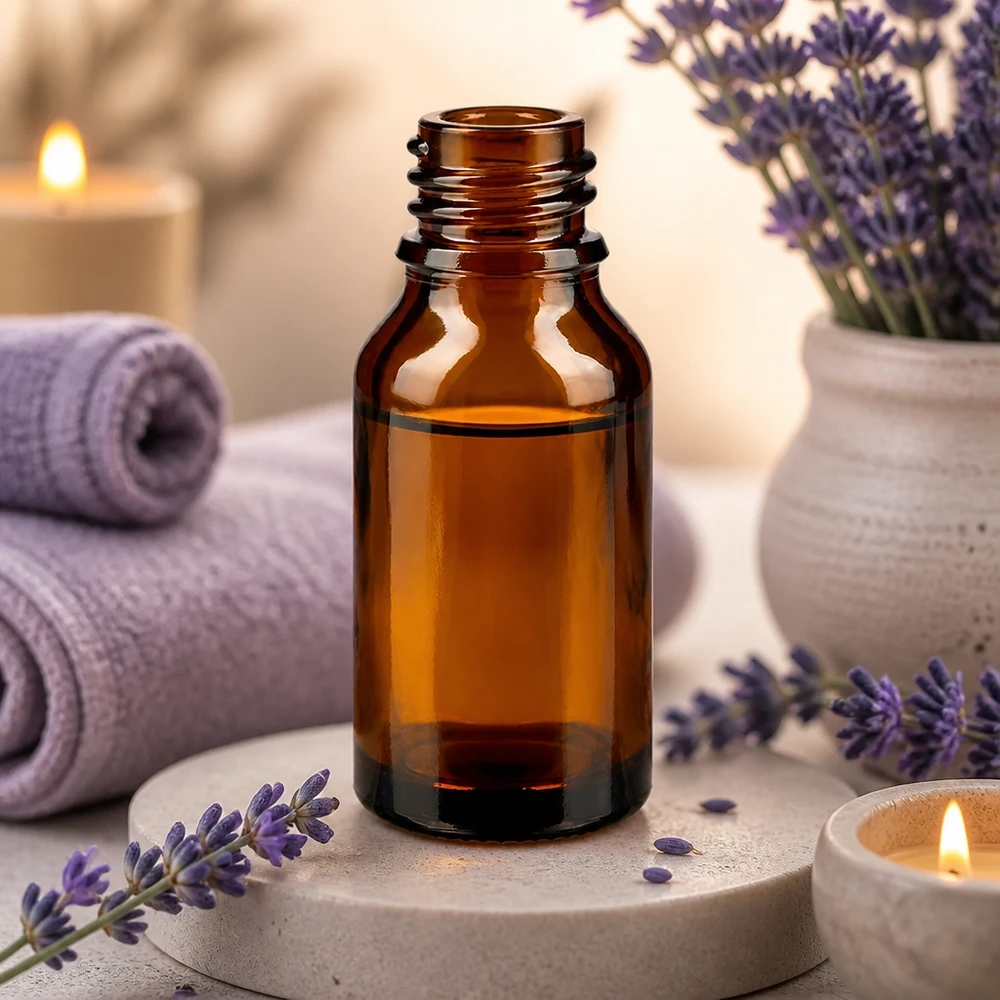 30ml frasco boticario marrón ApoGlas con lavanda spa bienestar aromaterapia toallas velas ambiente