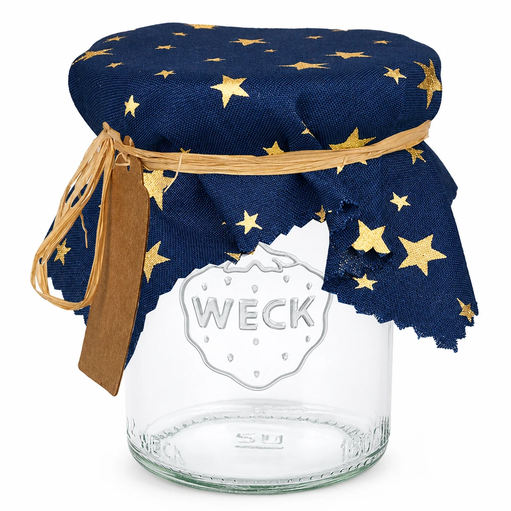 Alfombra de tela para bisutería "estrellas" azul 15cm cuadrado Alfombra de tela azul con estrellas doradas sobre tarro de conserva Weck con lazo y etiqueta 15cm cuadrado