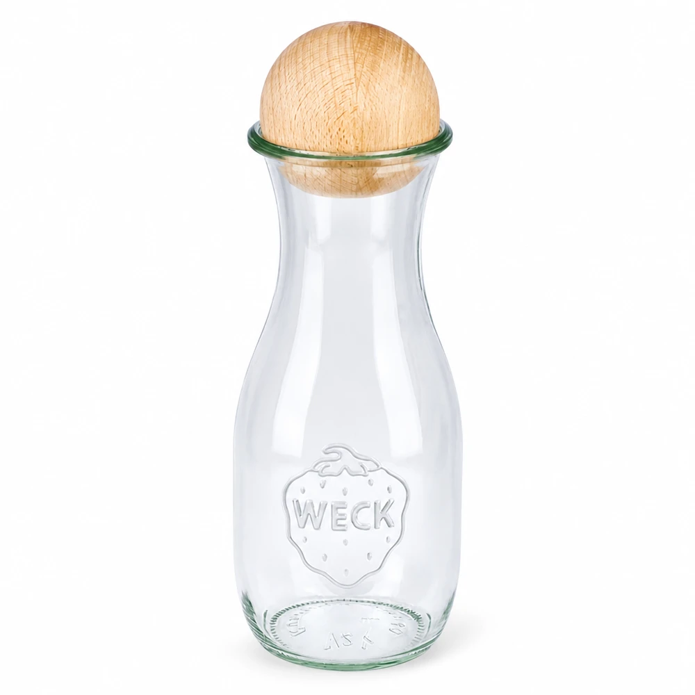 Botella para zumo de 530ml WECK RR60 con bola de madera de haya Botella de zumo WECK RR60 de 530 ml de vidrio con cierre de bola de madera de haya Botella de vidrio transparente con logotipo WECK