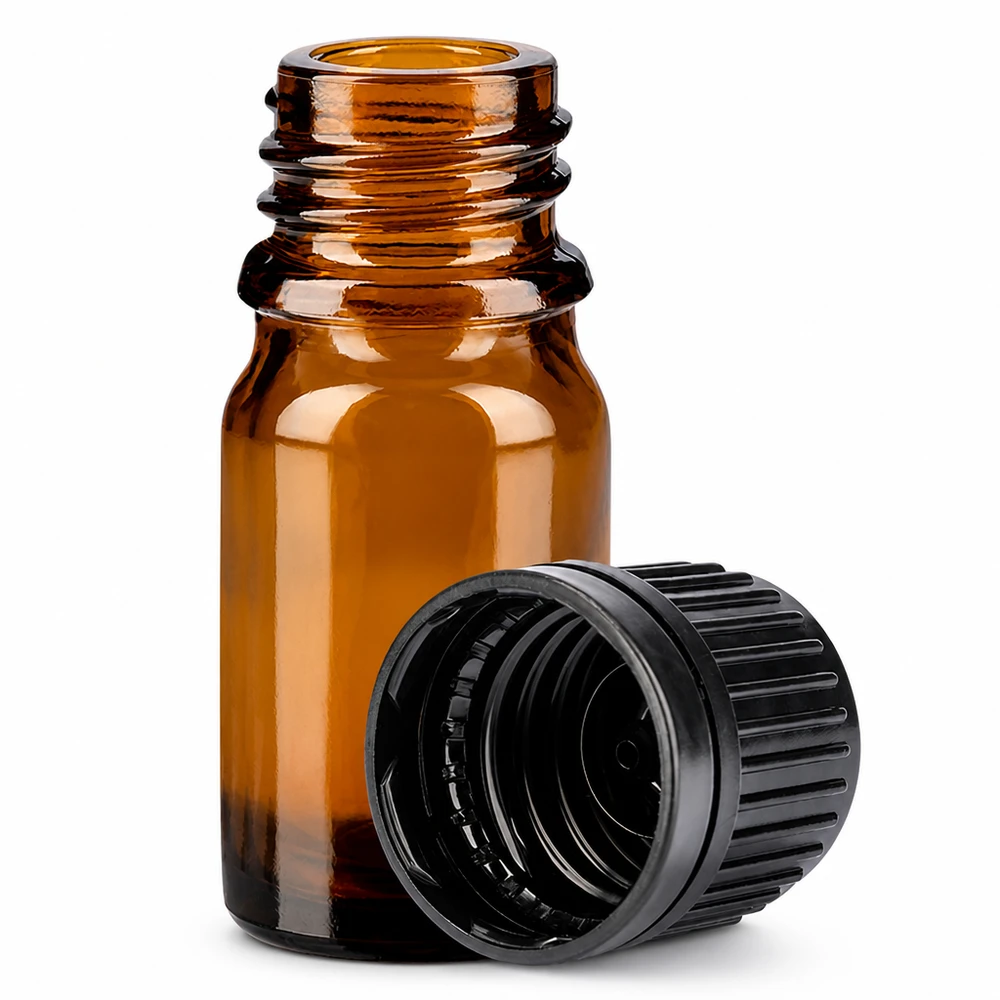 Frasco de vidrio de 5 ml con rosca de 11 mm y tapón negro para una dosificación precisa