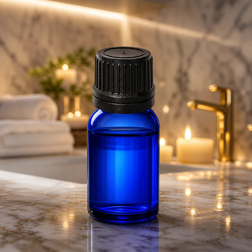 Frasco cuentagotas de 5ml 1mm negro cierre inviolable BlueLine UT18/5 Frasco de cristal azul de 5 ml con abertura de 1 mm para una aplicación por goteo precisa en el baño y el spa
