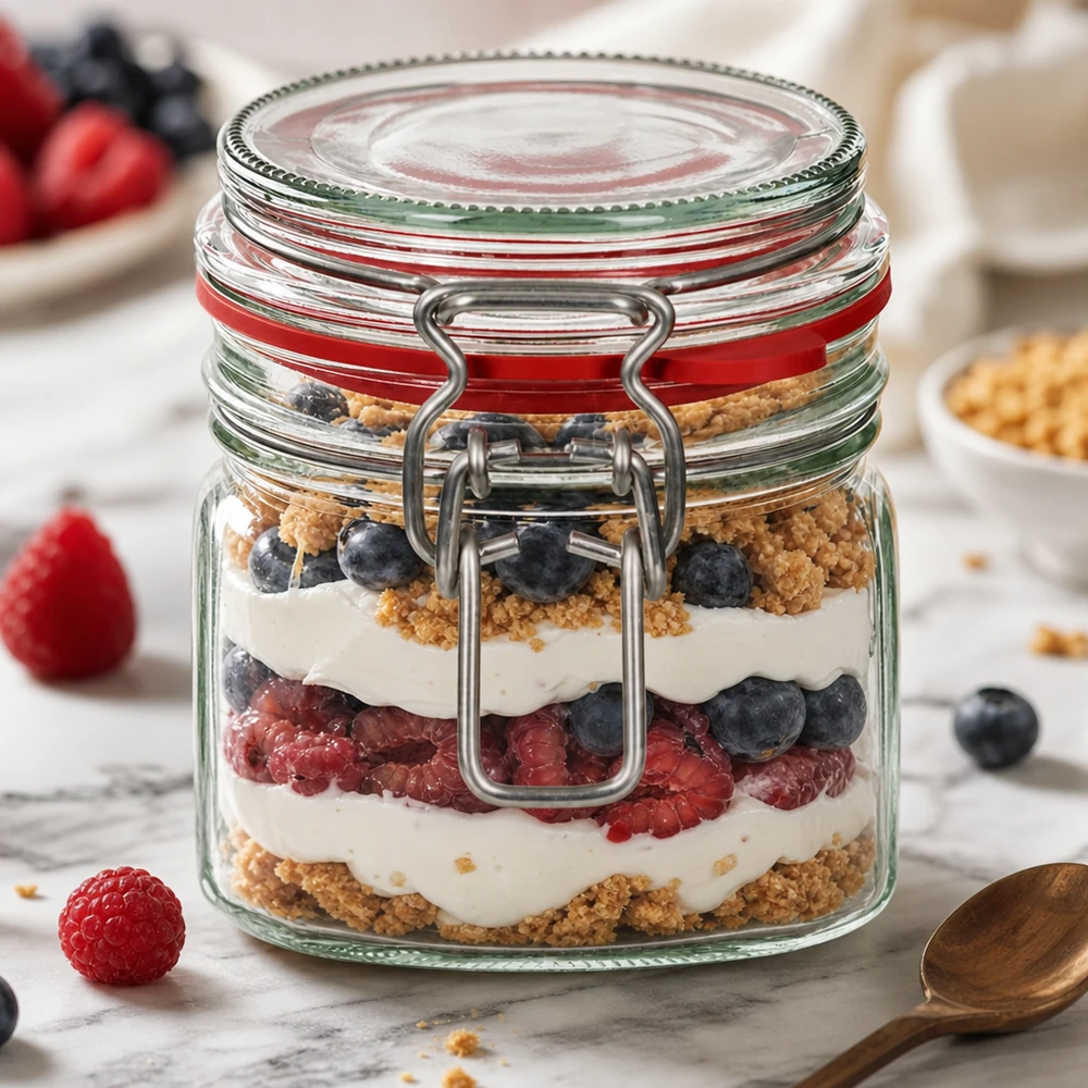 Tarro de conserva con tapa de pinza de 370 ml relleno de postre de capas de bayas y yogur