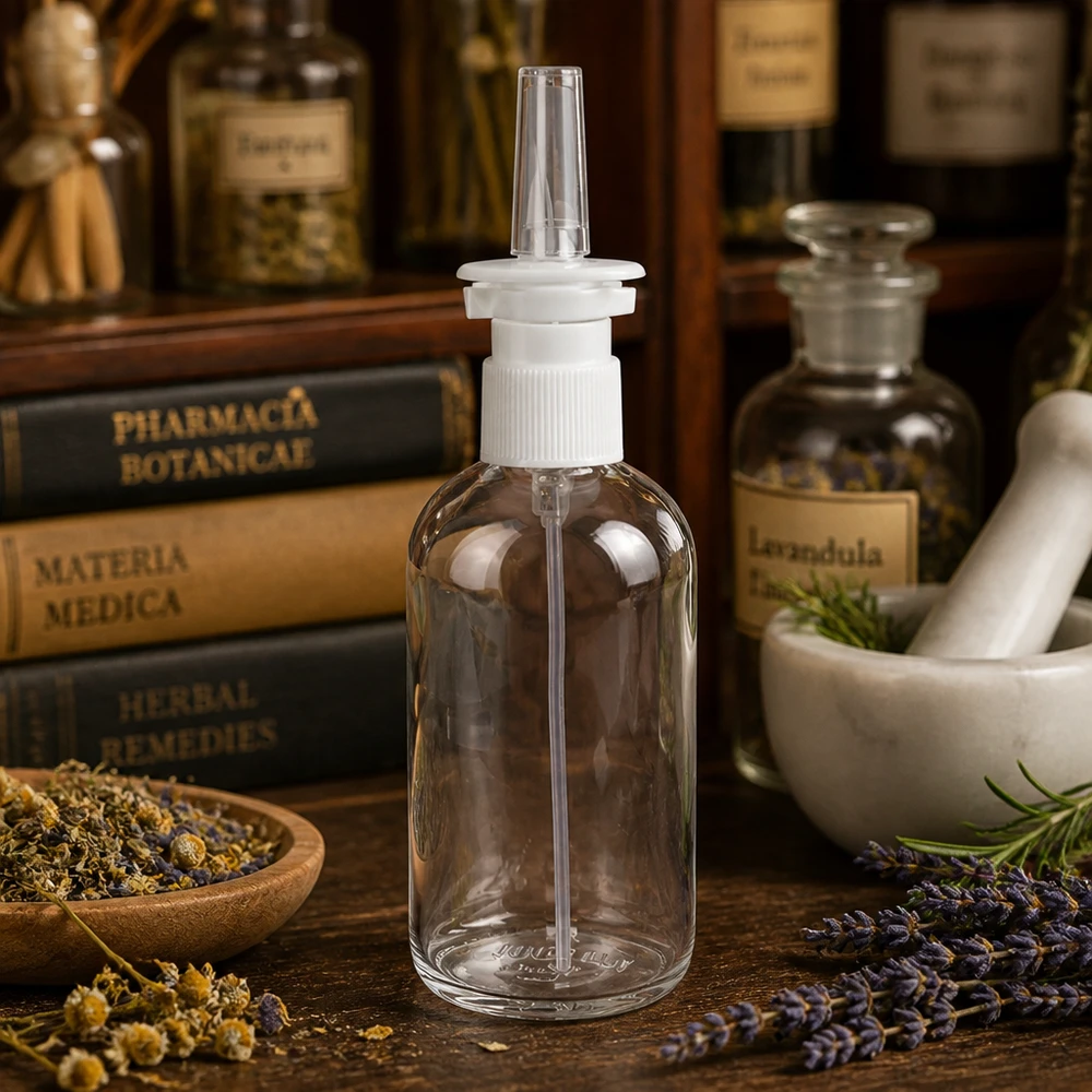 Frasco de spray nasal ClearLine de 100 ml con dosificador blanco, delante de libros de hierbas medicinales