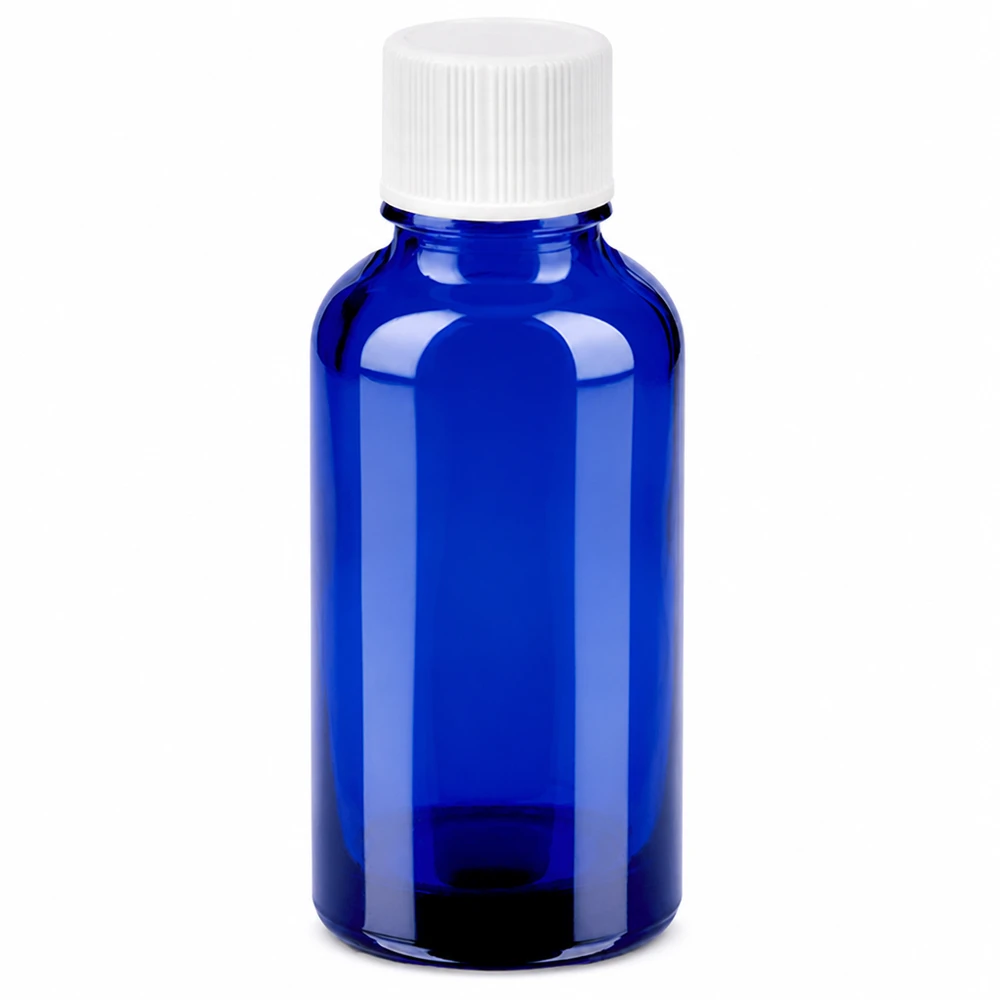 Frasco de vidrio azul de 30 ml con tapón de rosca blanco para aceites esenciales y cosméticos