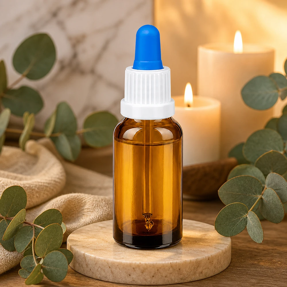 Frasco pipeta 20ml blanco/azul cierre inviolable BrownLine UT18/20 Frasco pipeta de 20 ml de alta calidad en elegante vidrio ámbar con tapón cuentagotas blanco ergonómico