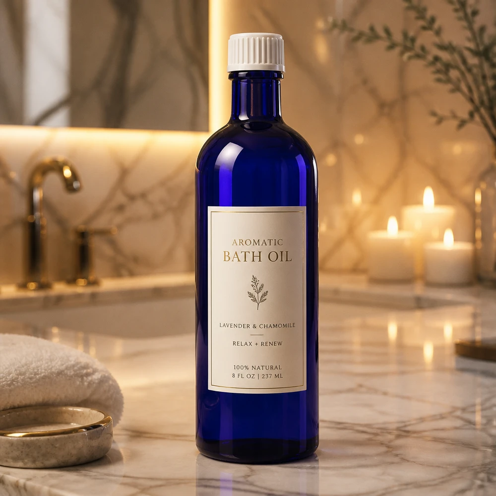 Frasco azul de farmacia de 200 ml con sales de baño y aceite aromático de lavanda y manzanilla: aceite natural para el baño