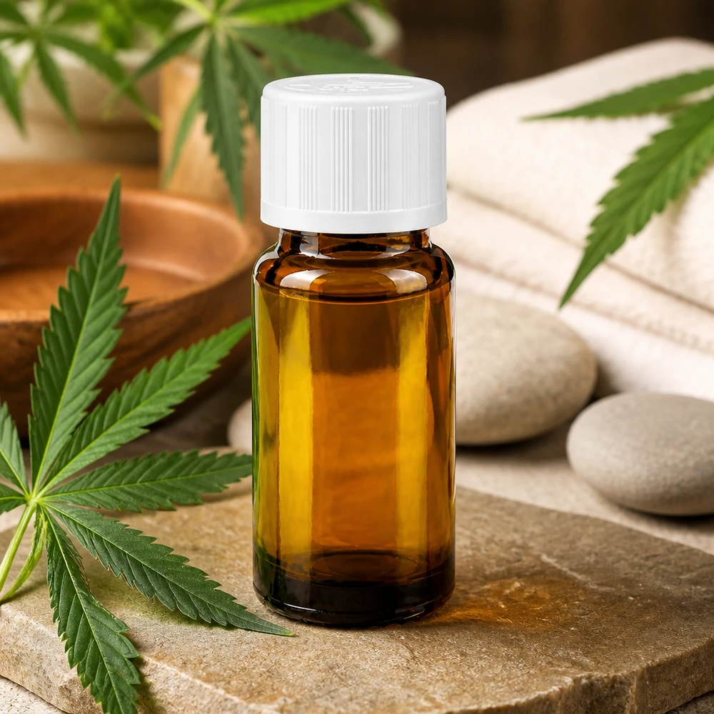 Frasco marrón de 10 ml de aceite de CBD con tapón KiSi blanco y gotero, junto a hojas de cannabis