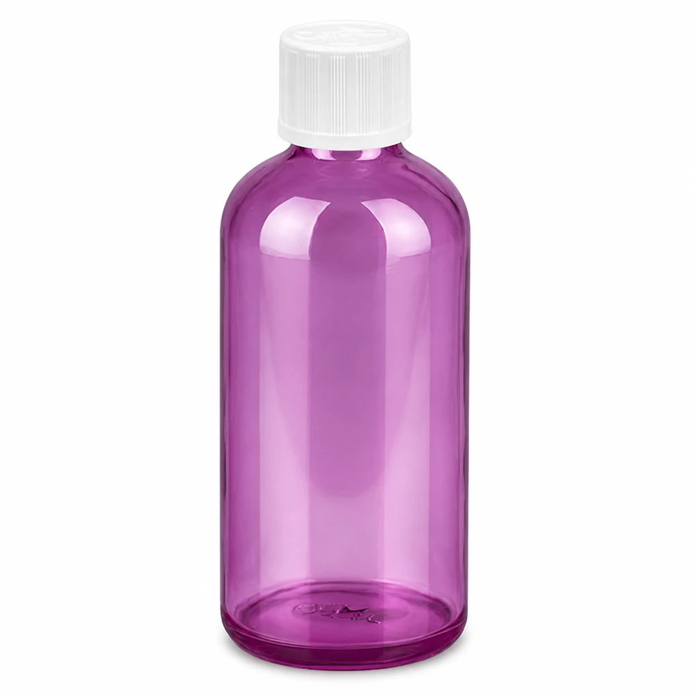 Frasco cuentagotas de plástico de 100 ml de color púrpura transparente con tapón de rosca blanco