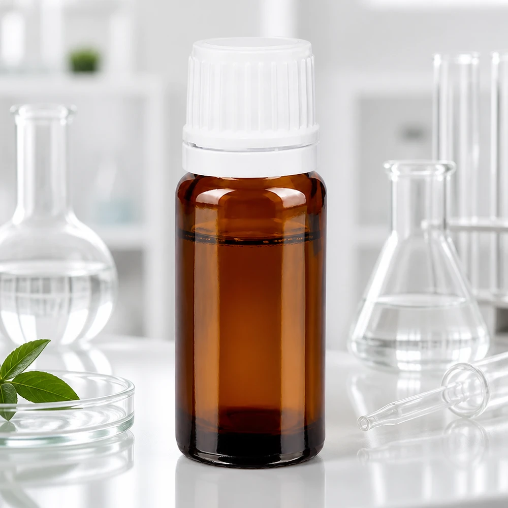 Frasco de farmacia de 10 ml de vidrio ámbar con tapón de seguridad blanco en el laboratorio