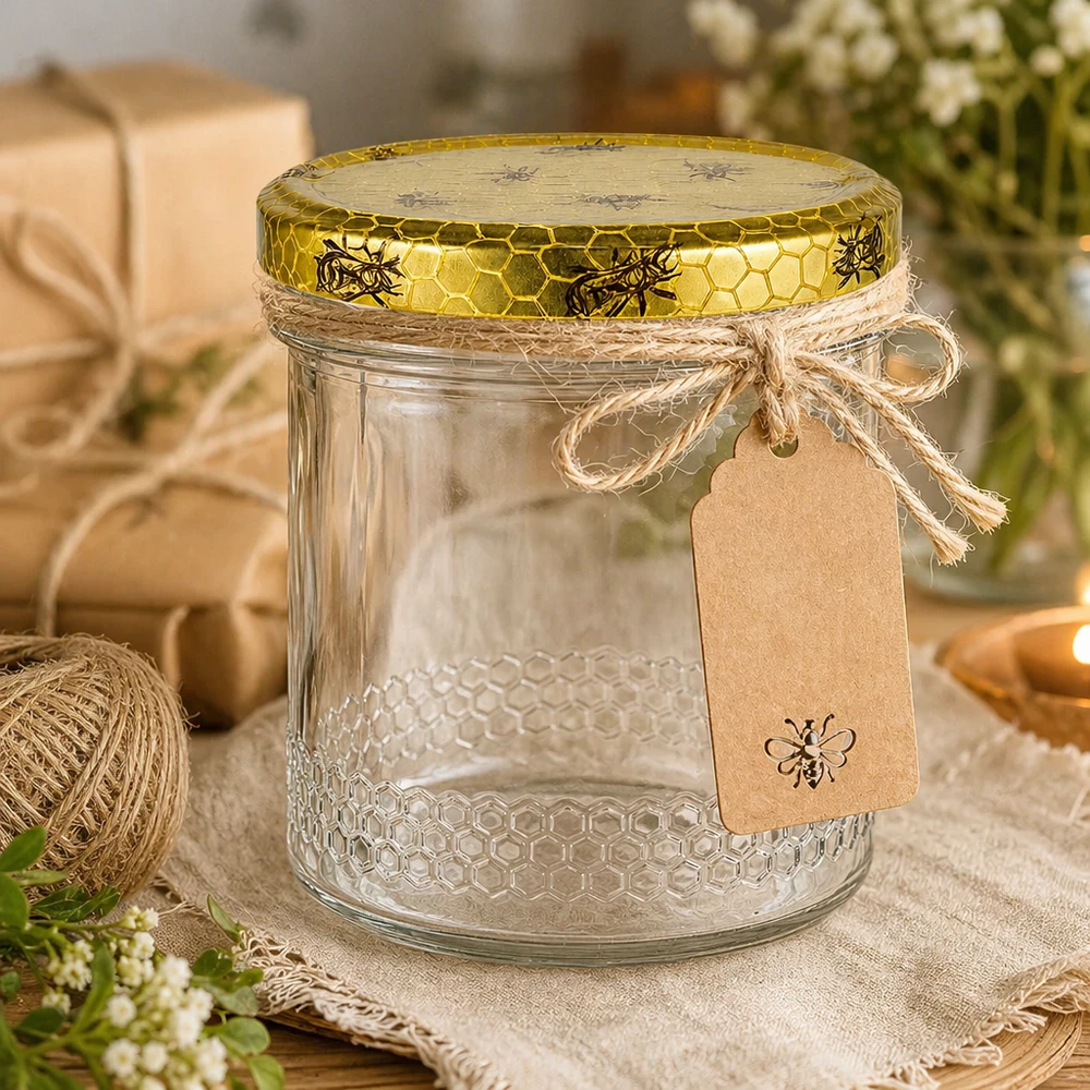 Tarro para miel de 560 g con tapa con diseño de panal BasicSeal UNiTWIST Tarro de miel de 400 ml decorativo con cordel de rafia y colgante, tapa con motivo de abeja dorada, embalaje de regalo rústico