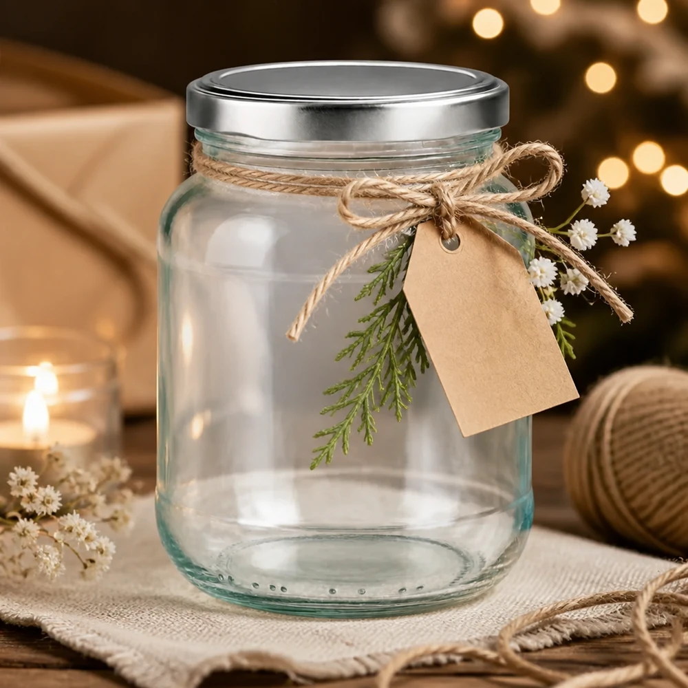 Tarro ovalado de 370ml con tapa BasicSeal plata UNiTWIST Tarro ovalado de 370 ml con tapa plateada BasicSeal como idea de regalo decorado con cordón de yute y etiqueta de regalo
