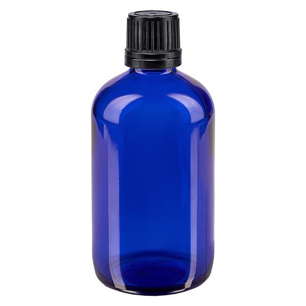 Botella de farmacia azul 100ml tapón rosca anillo vertedor negro cierre inviolable Botella de farmacia azul 100ml tapón rosca anillo vertedor negro cierre inviolable