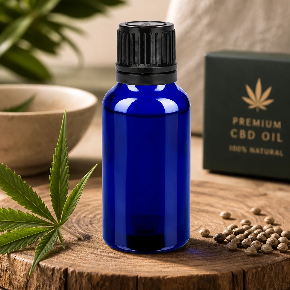 Botella 20ml 11mm tapón rosca negro cierre inviolable BlueLine UT18/20 Robusto frasco de vidrio cobalto de 20 ml con tapón de rosca negro para aceite de CBD y cosmética natural