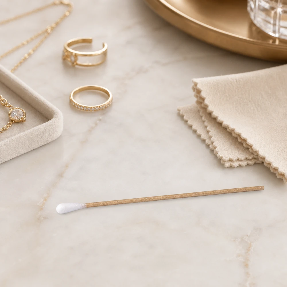 Bastoncillos de algodón UNSTERIL Bastoncillos de algodón no estériles con mango de madera para limpiar joyas de oro, anillos y collares, sobre mármol