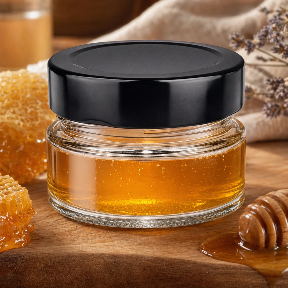 Tarro redondo de 80 ml con tapa BasicSeal negra lleno de miel Cuchara de madera en forma de panal Escena de cocina natural